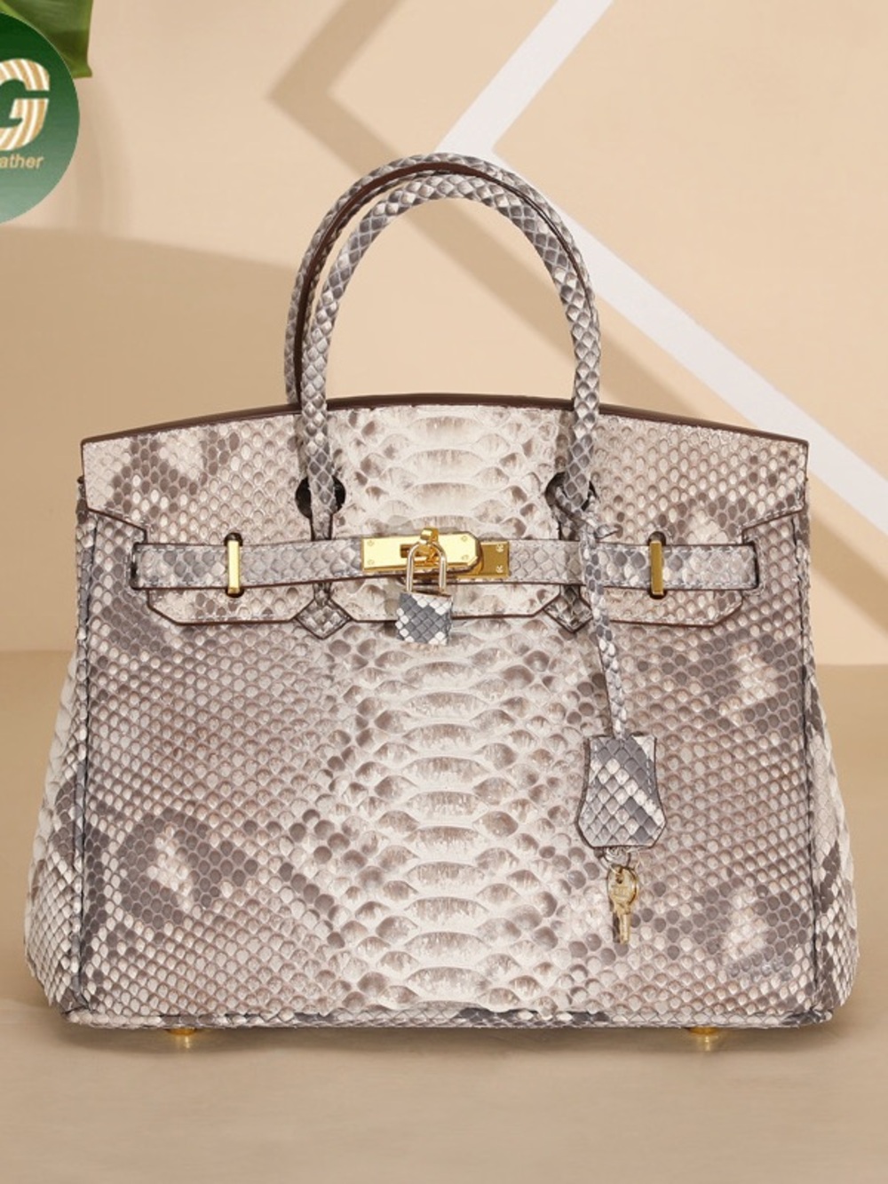 Luxury Python-Texture Top Handle Bag Taupe H Birk… - image 1